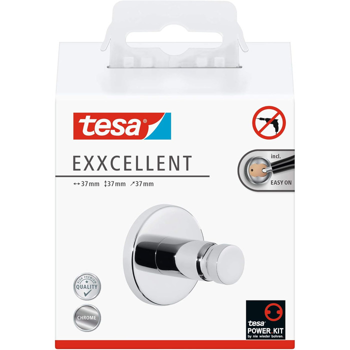 Тримач для туалетного паперу tesa EXCELLENT без кришки, хромований, настінний на клейовій основі (без свердління), 135x106x45 мм