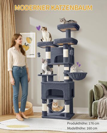 Кігтеточка для котів Hzuaneri, 176 см, XL, 3 платформи, 2 печери, 7 кігтеточних стовпів, гамак, плюшеві кульки, для багатокотових домівок, темно-сірий MS17618SG