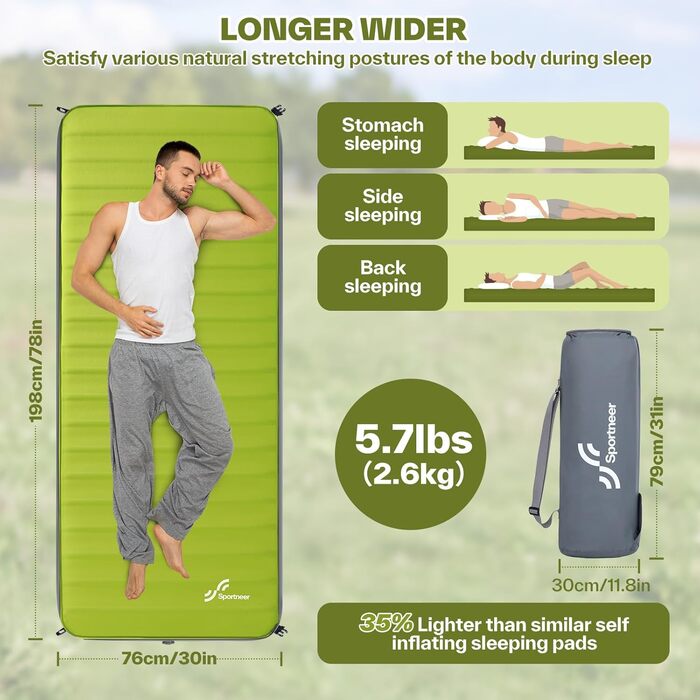 Sportneer Self-Inflating Camping Mat - 198x76cm Thick Sleeping Pad for Outdoor Adventures, Tent Use, Relaxing & Picnics