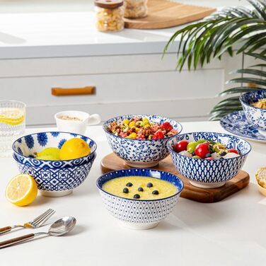 Набір супових тарілок з кераміки (6 шт.) - 709 мл, глибокі миски для каші, салату, пасти, десерту - кераміка, блакитний вінтаж