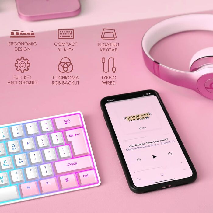 Комплект ігрового аксесуара 4 в 1: Клавіатура, миша, навушники та килимок для миші. Біло-рожевий