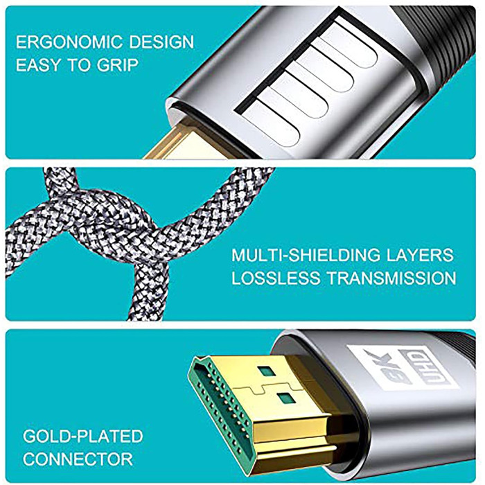 Кабель HDMI 2.1 AviBrex 8K Ultra HD 48Gbps: підтримка 8K@60Hz, 4K@240Hz, HDCP2.3, eARC, HDR10+, VRR, сумісний з PS5/4/3, для ігор, ТВ, Blu-ray, проектора (7.5м, сірий)