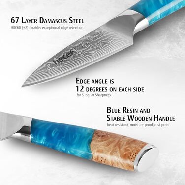 Японський кухонний ніж Hecef Damast з ручкою з харчової смоли, 20 см, 67 шарів дамаської сталі, з захистом для ножа, професійний ніж для кухаря, подарунок шеф-кухарю