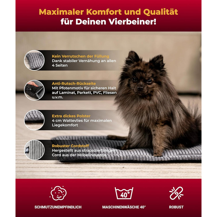 Підстилка для собак Cord з наповнювачем XS – Антиковзаюча – М'яка підстилка для собак – Комфортне місце для відпочинку - Виготовлено в Німеччині (Антрацит, 55x75 см)