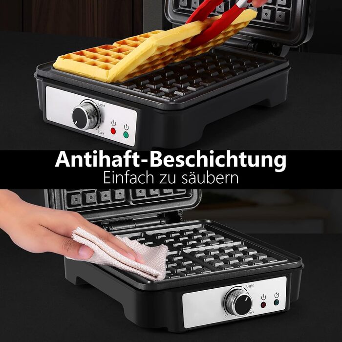 YASHE Belgian Waffle Maker - 4 Square Waffle Plates, 1200W, Non-Stick Coating, Adjustable Browning Control, Overflow Prevention, Silver/Black