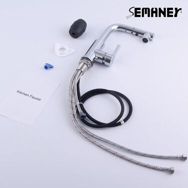 Кухонний змішувач SEAMENEY з висувною лійкою, поворотний 360°, з донним клапаном, хром, 3 режими, для кухні