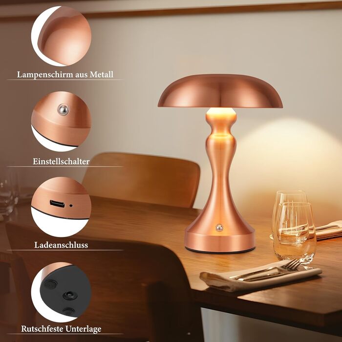 Бездротова настільна лампа з акумулятором - LED торшер з сенсорним керуванням, регулюванням яскравості, вінтажний дизайн, USB зарядка, нічник для спальні/вітальні (червоно-бронзовий)
