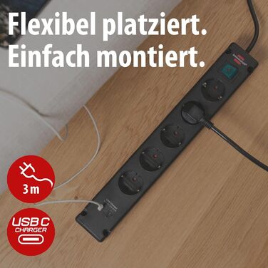 Смуга розеток Brennenstuhl Bremounta 5-fach з USB-C та вимикачем, чорна (для монтажу на стіну, 2x USB-C, 3м кабель)