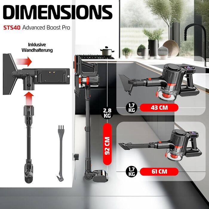 Бездротовий акумуляторний пилосос KESSER® з LED дисплеєм, до 60 хв роботи, тихий, без мішка, з антинамотувальною щіткою, HEPA фільтр, для твердих поверхонь та килимів, з аромадиском, чорний/червоний