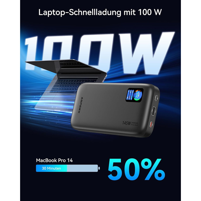 Power Bank AsperX 100W 24000mAh з LED-дисплеєм для ноутбуків, телефонів (iPhone 16/15/14 Pro), MacBook, iPad, Tablet, Steam Deck (сірий)