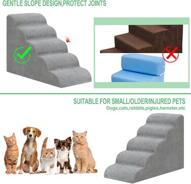 LIANTRAL Dog Stairs, 3 Steps Dog Staircase for Bed and Sofa, Made of High-Density Sponge, Cat Stairs Dog Ramp with Removable, Washable Cover and Pet Hair Remover Roller, 40 cm High (5 Steps Grey)