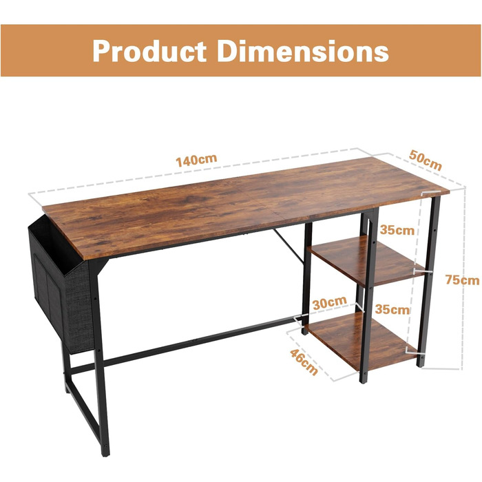 Devoko 140cm Computer Desk with Reversible Shelf, Small Desk with Headphone Hooks, Small Computer Desk for Home Office, Small Office Desk for Home Office, Vintage Brown 140 x 50 cm Vintage Brown