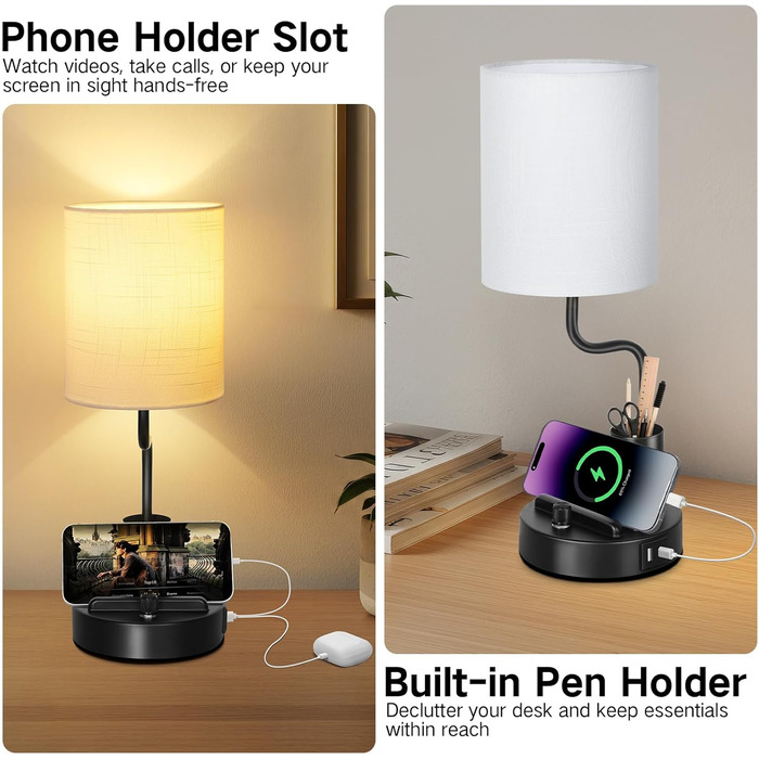 LED настільна лампа OUTON 2 шт. з USB-A та USB-C, сенсорне регулювання, тепле світло 2700K, підставка для телефону та ручок, сучасна керамічна лампа для спальні, вітальні, офісу (чорний)