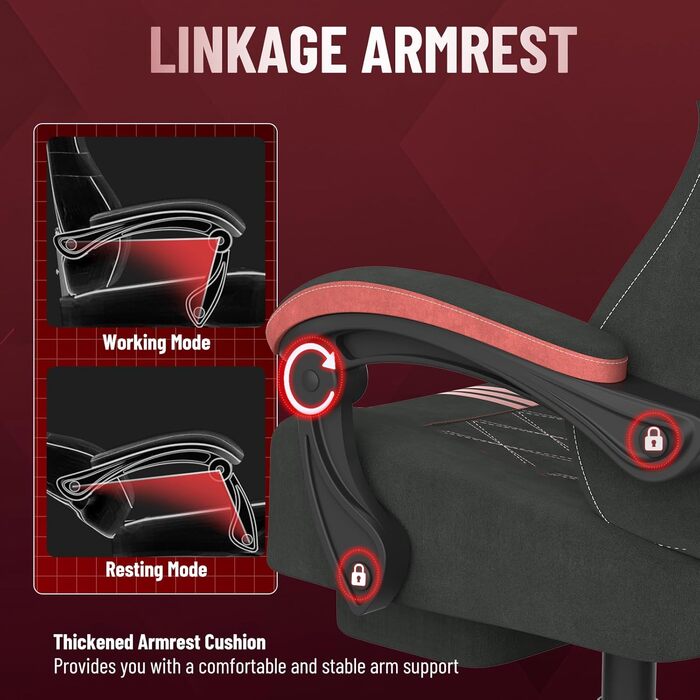 Геймерське крісло Ferghana Ergonomic: з підтримкою попереку, голови та підніжкою, регульоване, обертається, тканина льон (чорно-червоне)