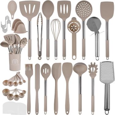 Набір кухонних помічників 45 предметів: силіконове кухонне приладдя, тримач, міксер, половник, лопатка, для миття в посудомийній машині (Хакі)