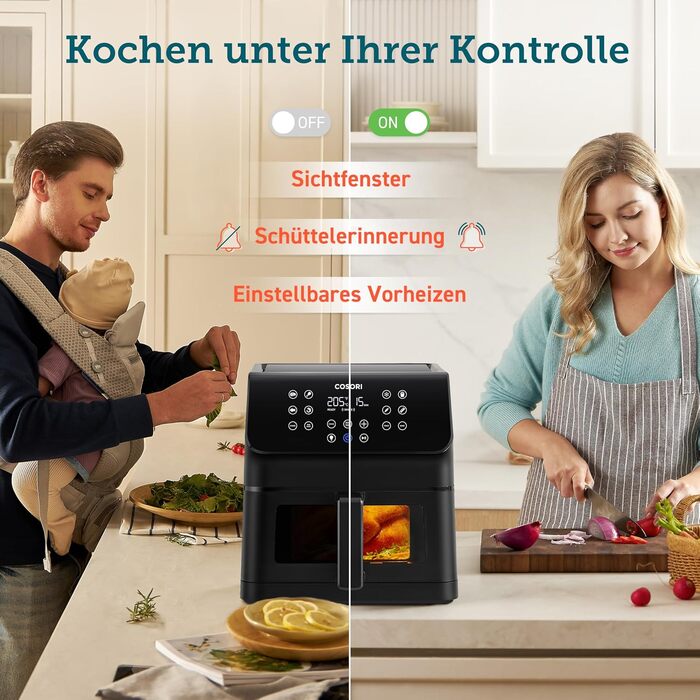 COSORI Air Fryer, 12-in-1 XXL Air Fryer 6.2L, Hot Air Fryer with Viewing Window & Shake Reminder, 80 Recipes, 55 Percent Energy Saving, Dishwasher-Safe Baskets Black Clear Blaze