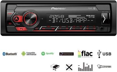 Автомагнітола Pioneer MVH-S320BT 1DIN з Bluetooth, USB, AUX, RDS, німецьке меню, чорна/червона, напівглибока установка, Smart Sync, гучний зв'язок