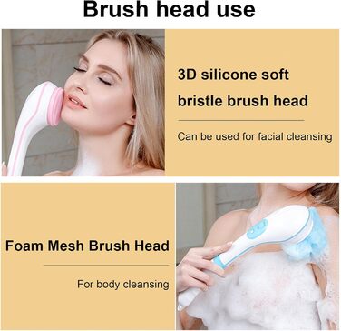 Electric Body & Face Cleansing Brush with 5 Brush Heads - USB Rechargeable Waterproof Exfoliating Body Brush with Long Handle for Deep Cleaning & Relaxation