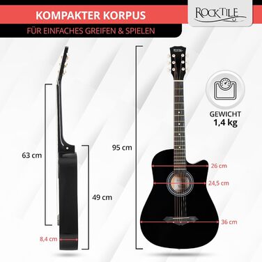 Rocktile WSD-5C-BK: Акустична гітара Western Slim Line - Комплект з чохлом, струнами, ременем та медіатором (Чорний)