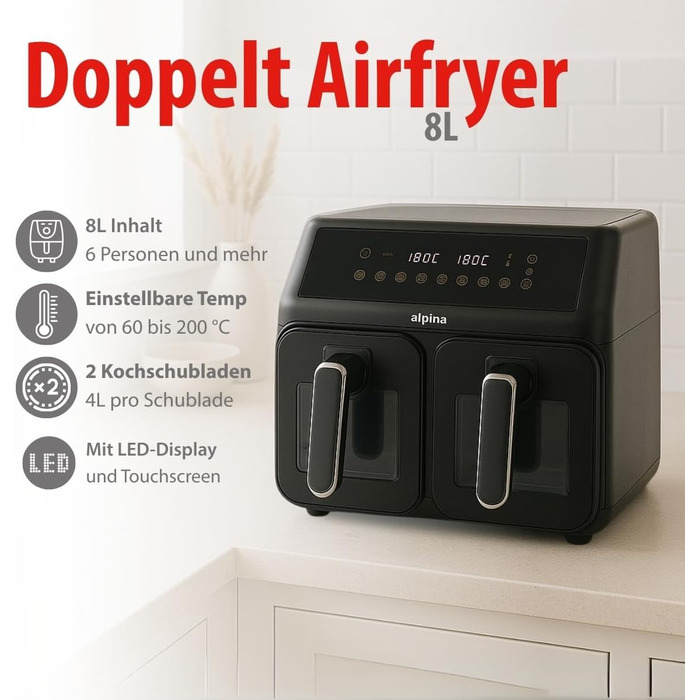 Фритюрниця Alpina Heißluft XXL: Air Fryer для 4-6 осіб, 1800W, 8L, 80-200°C, таймер 2 години, цифровий дисплей