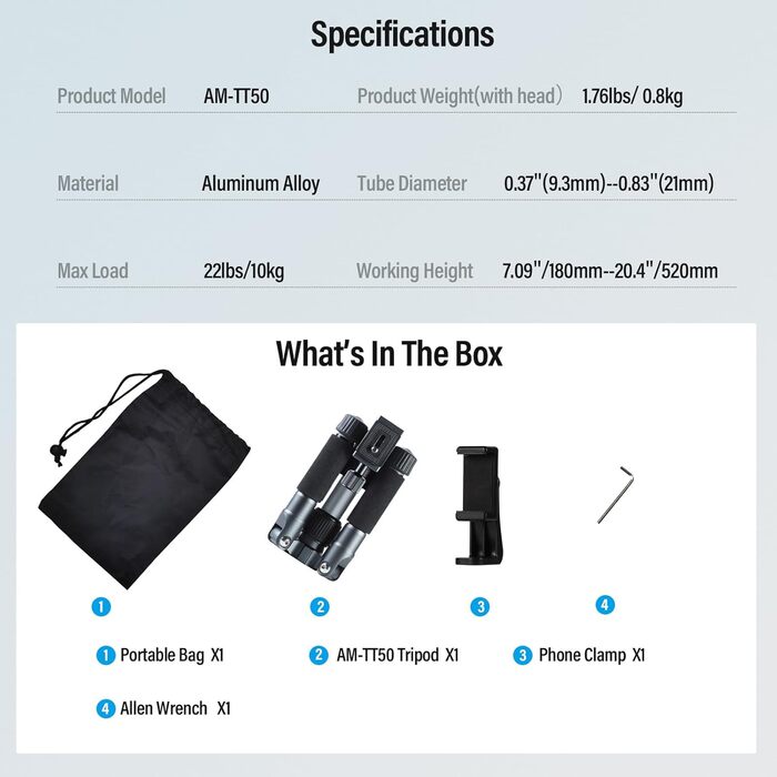 Штатив SIRUI AM-TT50: компактний, легкий, для камери та смартфона, до 10 кг, з кульковою головкою 360°