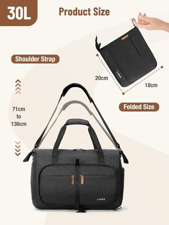 Чорна дорожня сумка Lekesky 30L: Easyjet, Weekender, спортивна, з відділенням для взуття, водонепроникна