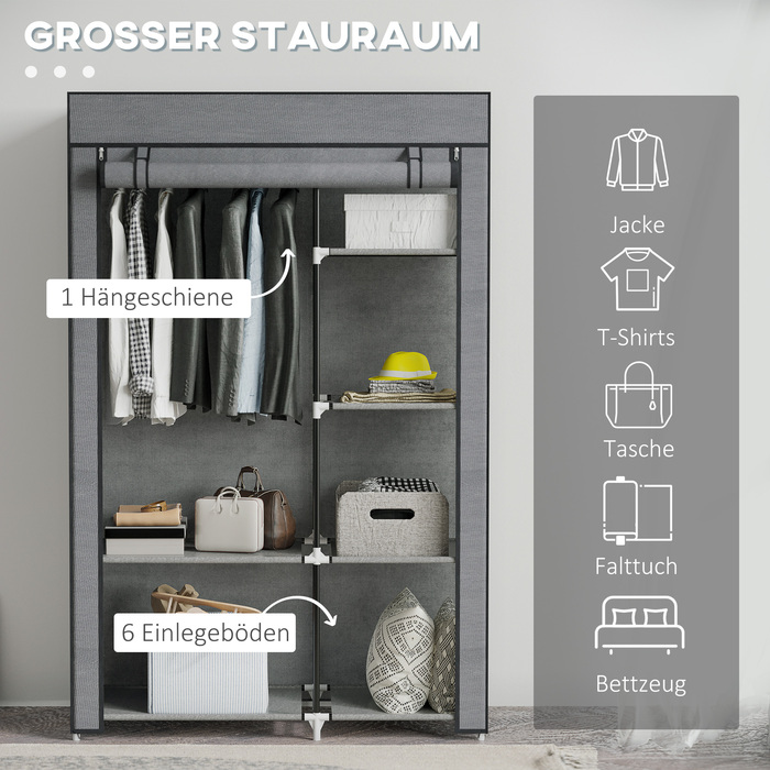 HOMCOM Clothes Closet Fabric Wardrobe with Clothes Rail, 6 Compartments, Foldable Wardrobe in Felt-like Fabric, Folding Closet for Bedroom, Hallway, Dark Grey, 103 x 43 x 162.5 cm | Aosom