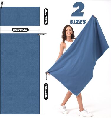 PUWOWYE Набір рушників з мікрофібри (2 шт.): великий 160x80 см + маленький 80x40 см, швидковисихаючі, для спорту, фітнесу, сауни, пляжу, подорожей та відпочинку на природі, блакитні