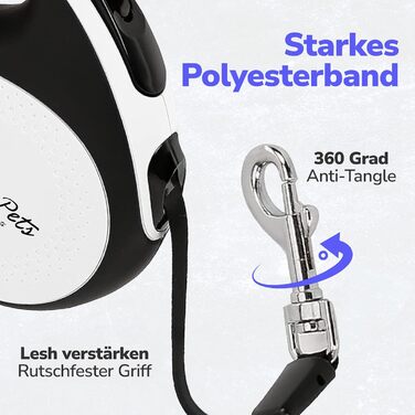 Рулетка для собак 5 м з тримачем для відходів – витяжна повідка для собак будь-якого розміру – повідка з нейлоновою стрічкою 360°, антиковзним руків'ям та кнопкою швидкого гальмування – повідка для собак до 30 кг