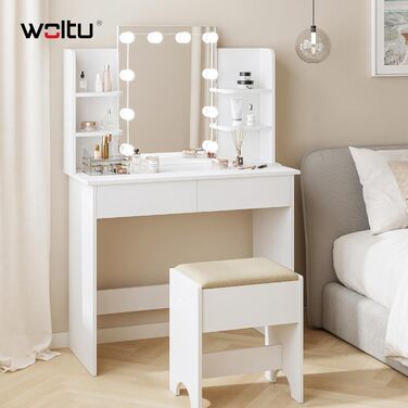 Туалетний столик WOLTU з LED-підсвіткою, дзеркалом, регульованою яскравістю, 2 USB-портами, 2 шухлядами та 4 відкритими полицями, білий, для спальні, модель MB6112ws (з лампочками)