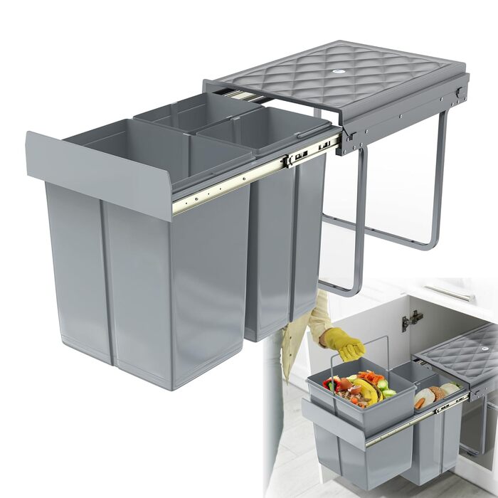 Вбудований контейнер для сміття HENGMEI з висувними ящиками для сортування, сірий (1x20L + 2x10L)