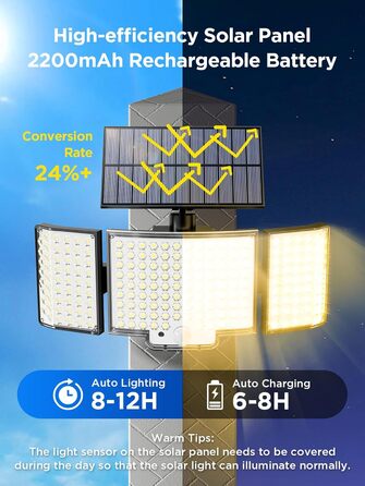 Сонячні ліхтарі для вулиці з датчиком руху, 212 LED, 3 режими, водонепроникні IP65, настінні LED прожектори для саду, комплект 2 шт. (холодне/тепле світло)