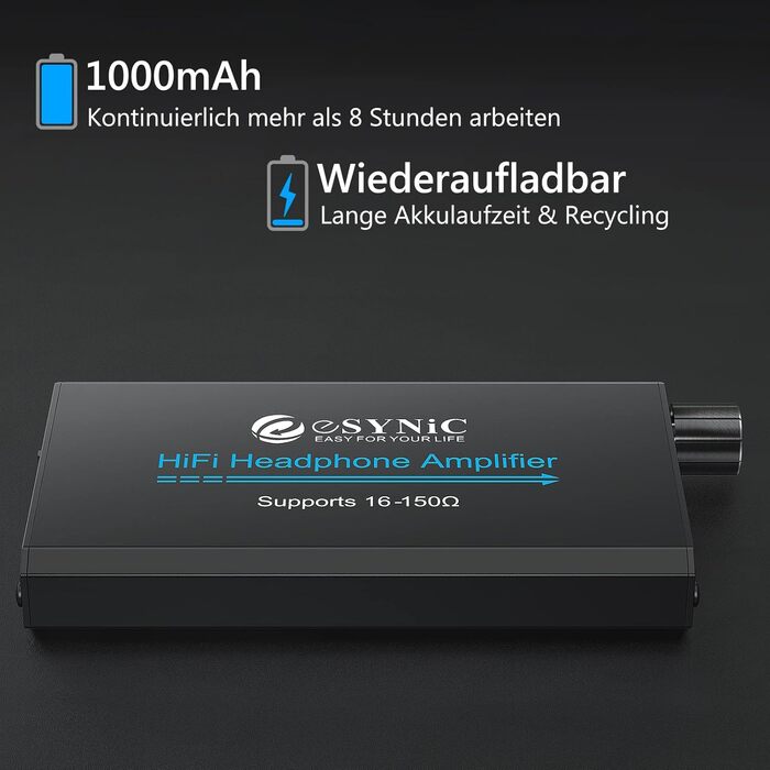 eSynic Підсилювач для навушників HiFi – портативний, для MP3/MP4, смартфонів та ПК, чорний