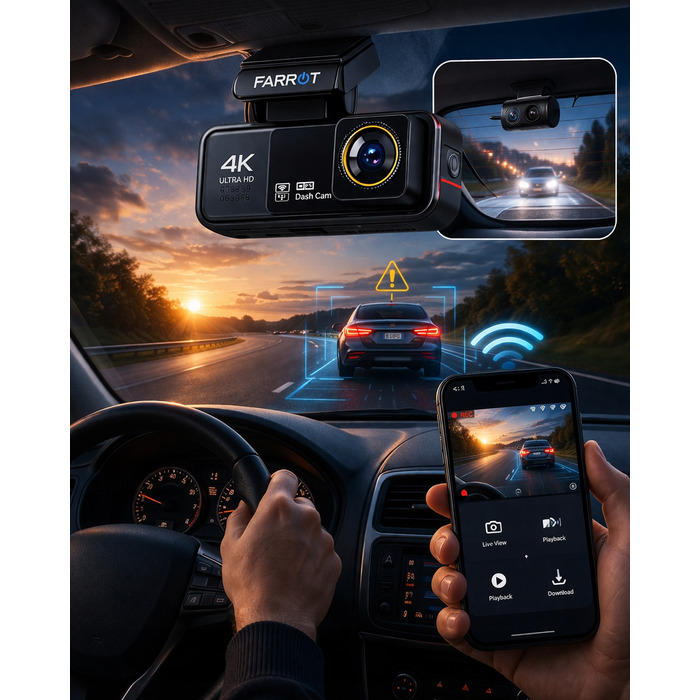 Автомобільний відеореєстратор FARROT A8 4K з GPS, WiFi, передньою та задньою камерами та функцією ADAS