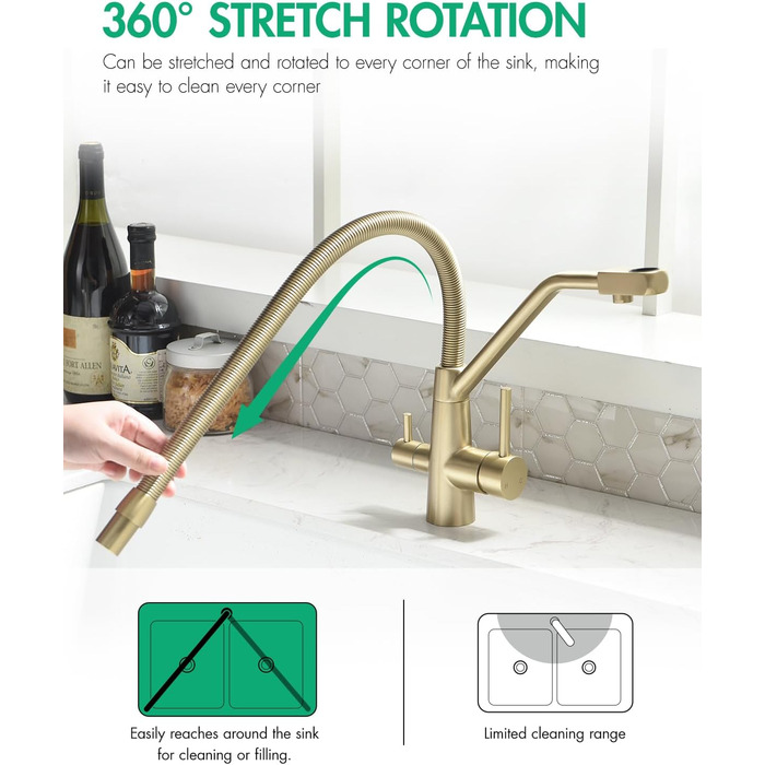 Змішувач кухонний з висувною лійкою 360°, з гальванічним покриттям 