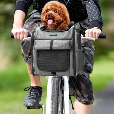 Корзина для собак на велосипед до 10 кг, складана, дихаюча, 4-в-1 (рюкзак, сумка на плече, автокрісло), з міцним L-подібним кріпленням Φ55mm, зручна подушка, світловідбиваючі смуги