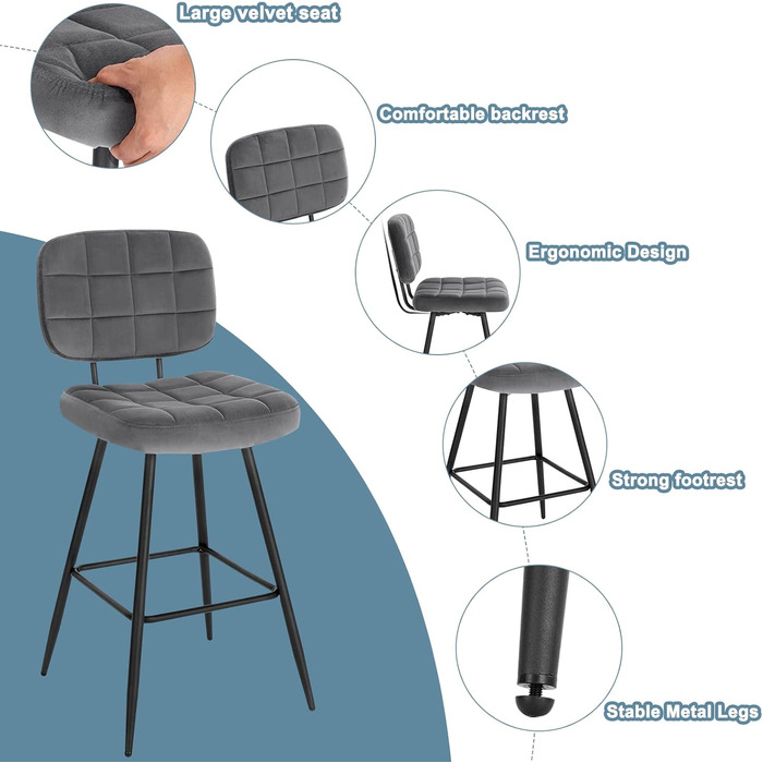 EUGAD Velvet & Metal Bar Stools 2-Pack - Padded Kitchen Counter Stools with Footrest & Backrest - Dark Gray