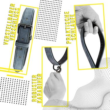 Набір повідка та нашийника ne&no® (веганська шкіра) для собак, 1.2м, блакитний/антрацит, регульований, з карабіном