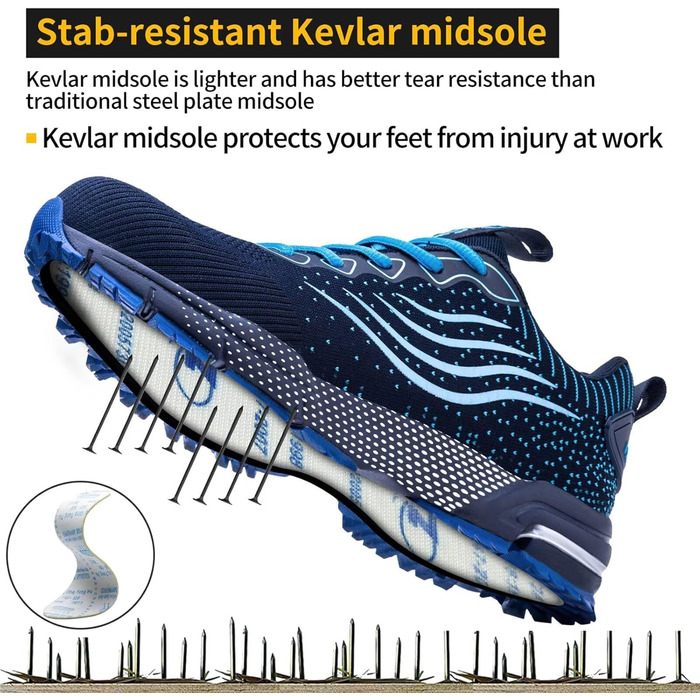 Черевики робочі чоловічі/жіночі, безпекові, спортивні, з металевим капаком, амортизуючі, протиковзкі, 43 EU, блакитні