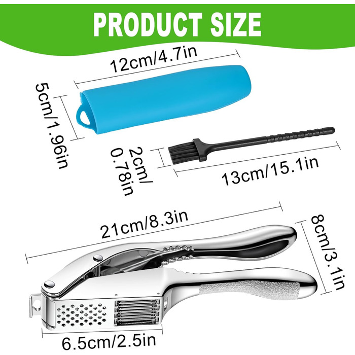 Пресу для часнику з нержавіючої сталі 2-в-1, з подрібнювачем та щіткою для чищення, придатна для миття в посудомийній машині