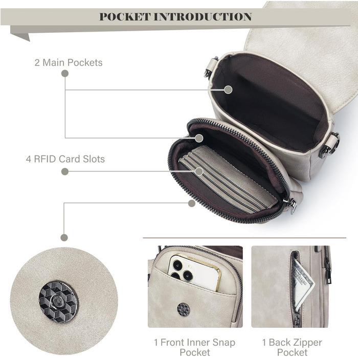 Сумка-органайзер на шию MUIIKOLA з RFID-захистом для смартфонів, веганська шкіра, сіро-бежевий колір