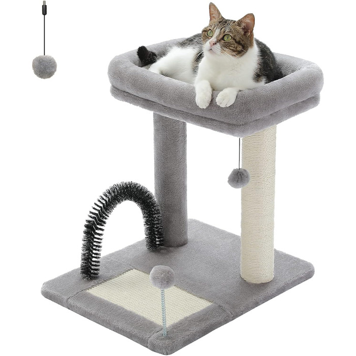 PETEPELA Small Scratching Post 51cm with Sisal Scratching Column, Scratching Board, Scratching Pad, Play Ball, Plush Cave for Kittens, Grey