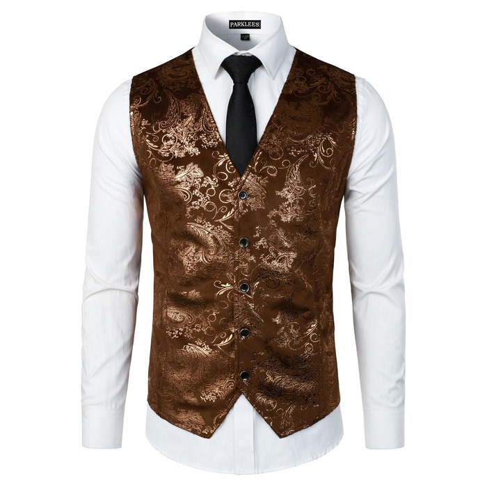 Жилет чоловічий PARKLEES, металевий візерунок пає, золотистий, блискучий, для весілля, балу, вечірки, костюма або смокінга, 3XL, коричневий