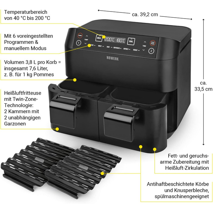 Фритюрниця-конвекційна піч Heißluftfritteuse Midnight Edition 7.6 л, 1800 Вт, 7 програм, чорний | Без олії, цифровий дисплей