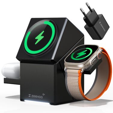 ZEEHOO Зарядна станція 3 в 1 для Apple MagSafe, iPhone 16/15/14/13/12, Apple Watch та AirPods (30W USB-C), Чорний