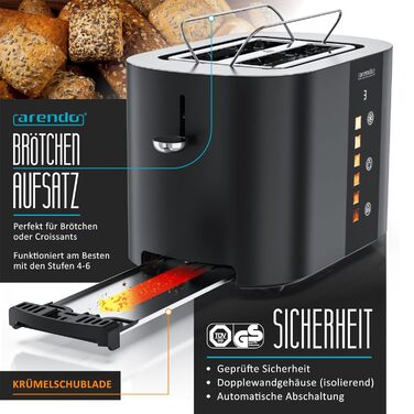 Тостер Arendo з нержавіючої сталі, 2 відділення, сенсорний екран, подвійні стінки, 800 Вт, підставка для тостів, 6 рівнів підсмажування, центрування хліба, індикатор часу, функція пам'яті, колір: чорний