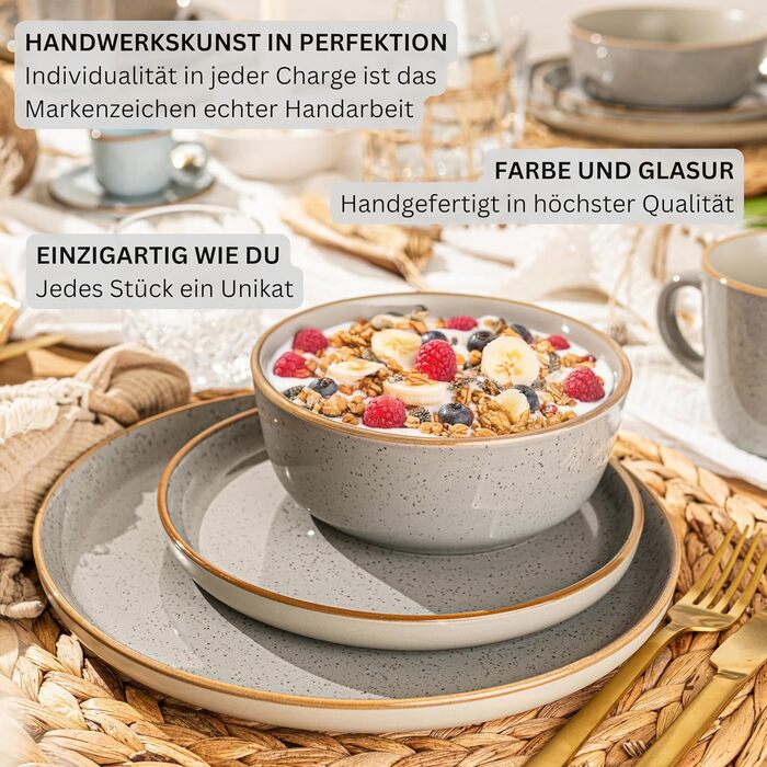Набір посуду SÄNGER Rio Perlgrau: 12 предметів, керамічний сервіз для 4 осіб (4 тарілки, 4 десертні тарілки, 4 миски). Сервіз сірого кольору, VALUE COLLECTION
