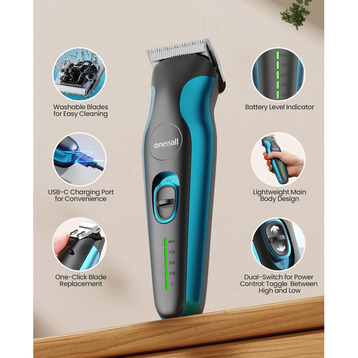 Професійна машинка для стрижки собак та котів Oneisall 2-в-1 з тримером для лап, для довгошерстих та сплутаних порід, потужна машинка для грумінгу