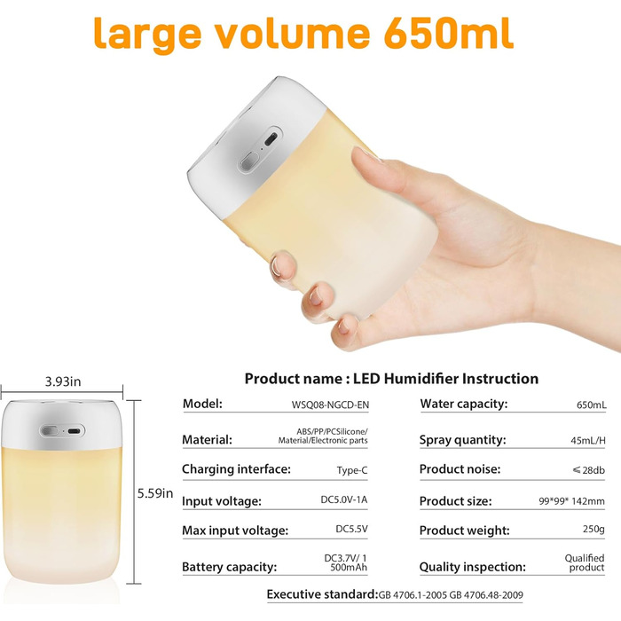 Зволожувач повітря для спальні та кімнати дитини, компактний, тихий, бездротовий, 650 мл, білий