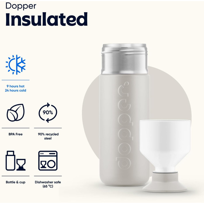 Dopper 580ml Insulated Stainless Steel Thermos Bottle - Leakproof, Keeps Drinks Cold for 24h / Hot for 9h - Water Bottle, Coffee Mug, Tea Bottle